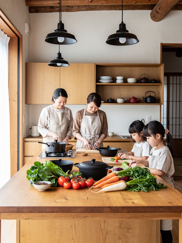 家族で台所に立つ様子